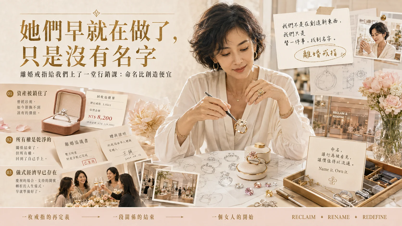 橫向拼貼插畫，主題為離婚戒指這個新品類的誕生。左上主標寫著「她們早就在做了，只是沒有名字」，副標為「離婚戒指給我們上了一堂行銷課：命名比創造便宜」。左側直排三個編號重點：01 資產被鎖住了，說明曾經珍視，如今卻換不到該有的價值，旁邊是一只粉色絨布盒裝著的單鑽戒指，以及一張回收估價單，列出鑽石戒指 1.02 克拉、估價金額 NT$8,200，下方小字註記原購金額 NT$128,000；02 所有權是乾淨的，說明關係結束了，但所有權回到了自己手上，旁邊是一份蓋著「已生效」紅章的離婚協議書與一張贈與證明，載明此戒指由本人贈與；03 儀式經濟早已存在，說明慶祝的場合、支持的閨蜜、轉折的人生儀式早就準備好了，旁邊是四位女性舉杯慶祝的照片，以及一張明亮珠寶店的內景。畫面中央是一位短髮女性珠寶設計師，穿白色襯衫，戴金色耳環與多枚戒指，正低頭用鑷子夾起一枚花形寶石戒指端詳，桌面上散放設計手稿、絨布戒枕、粉色與黃色的裸石、放大鏡與鑷子。右上角是一張以膠帶貼住的手寫便條，寫著「我們不是在創造新東西，我們只是替一件事，找到名字」，下方以手寫圈起「離婚戒指」四個字；旁邊是一張她在店內端詳戒指的拍立得照片，以及一間招牌寫著 RECLAIM & REDEFINE 的店面照。右下角立著一張卡片，寫著「命名，讓行為被看見，讓價值得以流通。Name it, Own it.」最底部橫欄以箭頭串起三個階段：一枚戒指的再定義、一段關係的結束、一個女人的開始，末端並列 RECLAIM、RENAME、REDEFINE 三個詞。