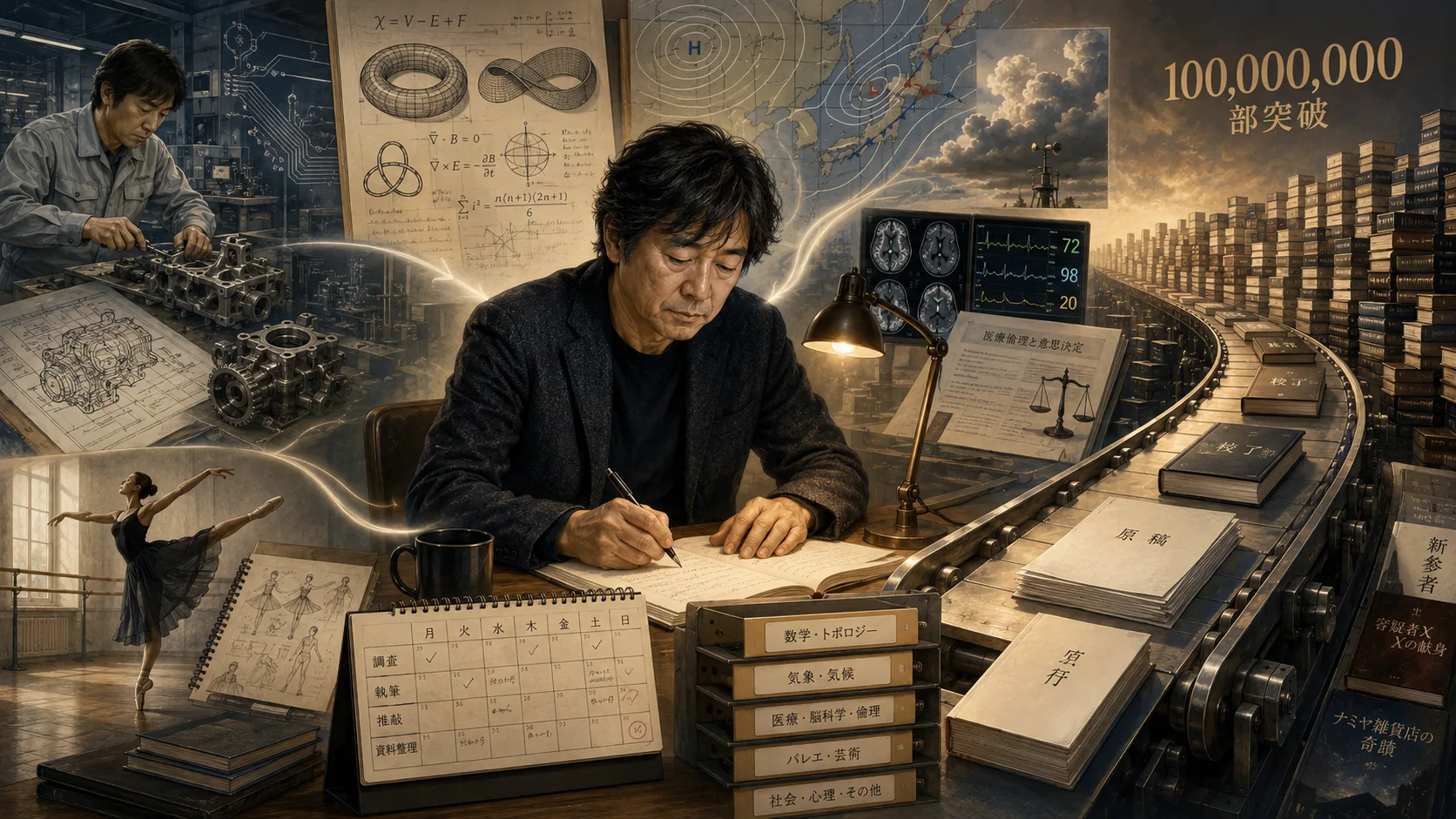 一張暖色調的合成插畫，畫面正中是一位中年日本男作家，坐在木桌前低頭以鋼筆在攤開的筆記本上書寫，桌上有黃銅檯燈與黑色馬克杯。左上角是同一個人的另一個身分，穿灰藍色工作服在工廠產線上組裝機械零件，旁邊攤著引擎與零件的工程藍圖。左下角是一間有把杆的舞蹈教室，一位穿深色紗裙的芭蕾舞者正踮腳延展，前方擺著畫滿舞姿分解圖的速寫本。上方中央是一本攤開的手稿，寫滿數學式與圖形，包含尤拉示性數、環面、莫比烏斯帶、三葉結與電磁方程式。上方右側是一張標著高低氣壓與鋒面的日本天氣圖，旁邊是積雨雲與氣象觀測塔。作家右手邊的螢幕顯示腦部斷層影像與生命徵象數值，前方立著一份寫著醫療倫理與意思決定的文件與一座天秤。桌前擺著一本翻開的桌曆，直欄是月火水木金土日，橫列是調查、執筆、推敲、資料整理四項，格子裡打滿勾記。桌曆旁是一疊資料匣，抽屜標籤由上而下寫著數學與拓樸學、氣象與氣候、醫療與腦科學與倫理、芭蕾與藝術、社會與心理及其他。畫面右側是一條輸送帶，載著成疊的原稿與校了稿件，一路變成裝訂完成的書，堆成遠方層層疊疊的書牆，書背可見嫌疑犯 X 的獻身、解憂雜貨店、新參者、祕密等作品，右上角以金色字樣標示 100,000,000 部突破。