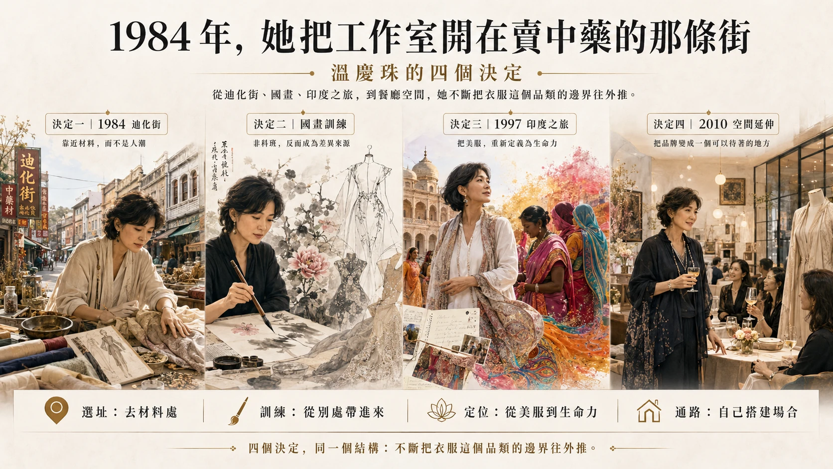 四格橫向連環插畫，記錄溫慶珠的四個決定。上方主標寫著 1984 年她把工作室開在賣中藥的那條街，副標為溫慶珠的四個決定，並附一行說明：從迪化街、國畫、印度之旅，到餐廳空間，她不斷把衣服這個品類的邊界往外推。第一格標示決定一、1984 迪化街，註記靠近材料而不是人潮；畫面是舊時迪化街街景，招牌寫著迪化街與中藥材，她在攤位旁俯身翻看成疊布料與設計手稿。第二格標示決定二、國畫訓練，註記非科班反而成為差異來源；畫面是她執毛筆在宣紙上作畫，一旁掛著水墨暈染的禮服草圖與人臺。第三格標示決定三、1997 印度之旅，註記把美服重新定義為生命力；畫面是她站在印度宮殿建築前，身旁是穿著鮮豔紗麗的當地女性，色彩濃烈。第四格標示決定四、2010 空間延伸，註記把品牌變成一個可以待著的地方；畫面是明亮的餐酒空間，她手持酒杯與幾位客人交談，牆邊立著人臺與掛畫。最底部橫欄以四個圖示並列四句結論：選址是去材料處、訓練是從別處帶進來、定位是從美服到生命力、通路是自己搭建場合，末行寫著四個決定同一個結構，不斷把衣服這個品類的邊界往外推。