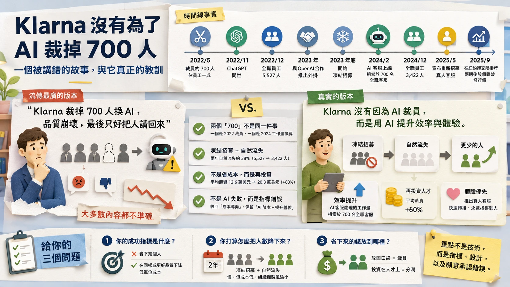 紙雕拼貼風格的資訊圖。左上是大標「Klarna 沒有為了 AI 裁掉 700 人」，右上是九個節點的時間線，從 2022 年 5 月裁員約 700 人、同年 11 月 ChatGPT 問世，一路排到 2025 年 9 月掛牌後股價跌破發行價。中段左側是「流傳最廣的版本」，畫著人被機器人取代與下墜的紅色箭頭，標註大多數內容都不準確；中央是四點更正，包含兩個 700 不是同一件事、凍結招募加自然流失、不是省成本而是再投資、不是 AI 失敗而是指標錯誤；右側是「真實的版本」，畫出凍結招募到自然流失到更少的人的流程，以及再投資人才與體驗優先兩張卡。底部橫幅列出給讀者的三個問題。