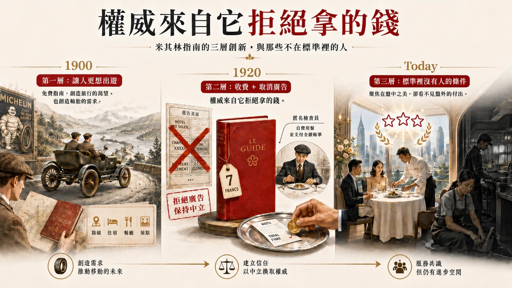 三段式時間軸插畫。左段標示 1900 年、第一層讓人更想出遊，說明為免費指南創造旅行的渴望，也創造輪胎的需求；畫面是復古筆調的法國山路，一輛早期敞篷汽車載著兩名戴扁帽的男子沿著河谷行駛，前景一名男子低頭翻閱一本紅色的米其林旅行指南，左側牆上掛著繪有輪胎人必比登的琺瑯招牌，下方並列路線、住宿、餐廳、景點四個圖示。中段標示 1920 年、第二層收費加上取消廣告，主句寫著權威來自它拒絕拿的錢；畫面左側是一整頁廣告版面被兩道紅色粗線打上大叉，旁邊蓋著拒絕廣告保持中立的紅色印章，中央立著一本紅色封面的指南並掛上標示七法郎的價格吊牌，右側圓形插圖是一位戴扁帽的匿名檢查員獨自用餐，註記為自費用餐並支付全額帳單，下方銀盤上放著寫有總計已付的帳單，一隻手正把一枚金幣放上去。右段標示 Today、第三層標準裡沒有人的條件，說明為聚焦在盤中之美，卻看不見盤外的付出；左半是明亮的高級餐廳，三顆金色星星與桂冠高懸，主廚正為窗邊一對客人上菜，窗外是城市天際線，右半則轉為灰調，一名廚師在爐臺前工作，另一名女性工作者蹲在地上勞動。最底部橫排三個圓形圖示並以箭頭相連：輪胎代表創造需求、推動移動的未來，天秤代表建立信任、以中立換取權威，人群代表啟發卓越、但仍有盲點與遺漏。