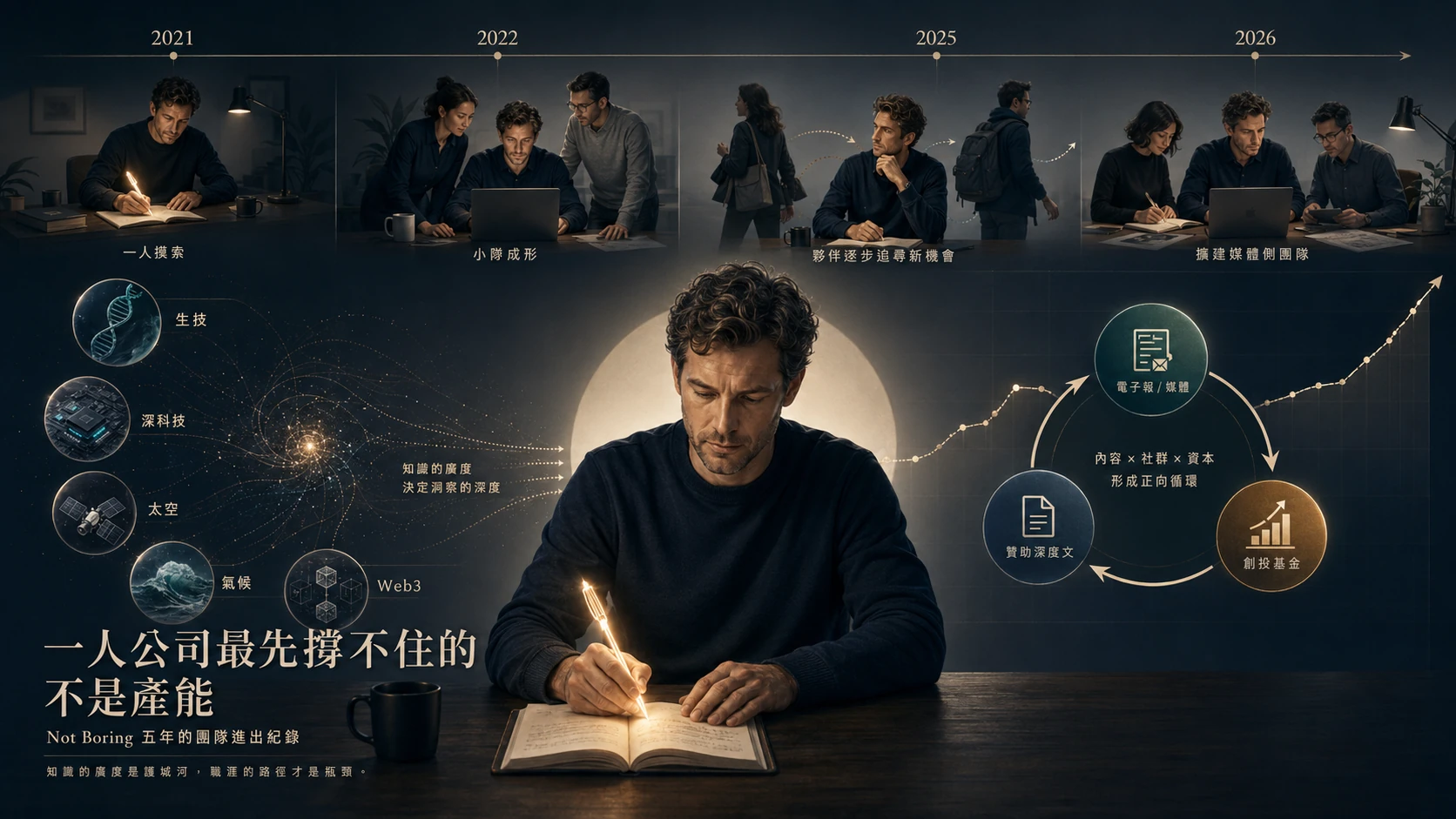 深色調的資訊圖。上排是 2021 到 2026 的四格時間軸，依序標註一人摸索、小隊成形、夥伴逐步追尋新機會、擴建媒體側團隊。下方中央是一個人在檯燈下伏案書寫，左側五個圓圈分別是生技、深科技、太空、氣候與 Web3，標註知識的廣度決定洞察的深度；右側是電子報媒體、創投基金、贊助深度文三者相互指向的循環圖。